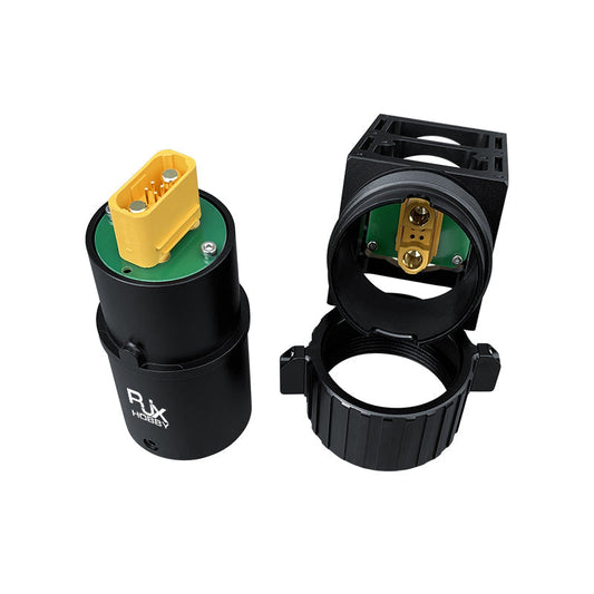 RJX quick-release pipe clamp power connector with yellow AS150U plug insert and black cylindrical housing