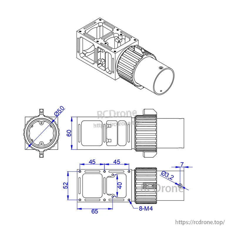 Dimensioned drawing of 50mm folding arm pipe clamp with cylindrical quick-release connector and M4 mounting holes
