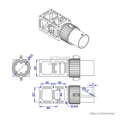 Dimensioned drawing of 50mm folding arm pipe clamp with cylindrical quick-release connector and M4 mounting holes