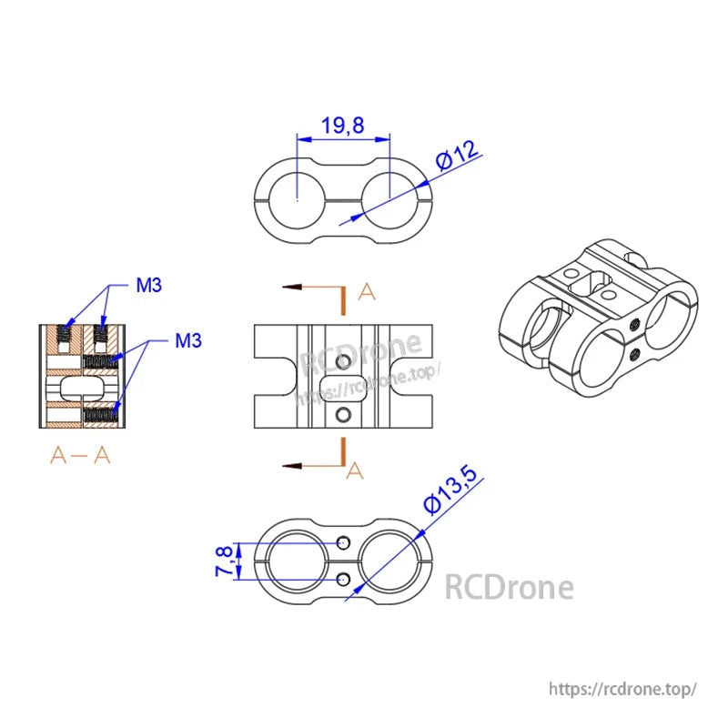 RJX 1pcs AS150 Fixed Seat Connector Mount, Technical drawing of RJX AS150 fixed seat connector mount, dual tube clamp with M3 screws and Ø12/Ø13.5 bores