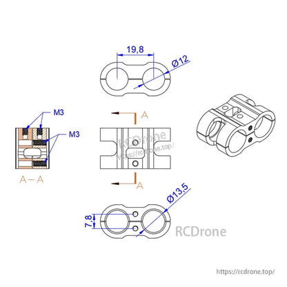 RJX 1pcs AS150 Fixed Seat Connector Mount, Technical drawing of RJX AS150 fixed seat connector mount, dual tube clamp with M3 screws and Ø12/Ø13.5 bores