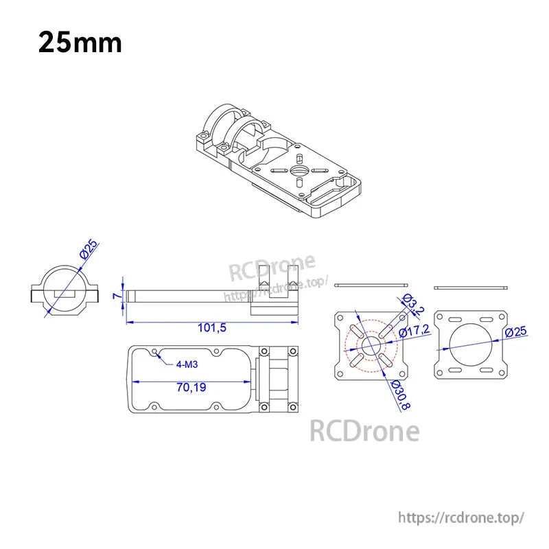 Technical drawing of 25mm carbon tube quadcopter motor mount seat with clamp and M3 hole pattern dimensions