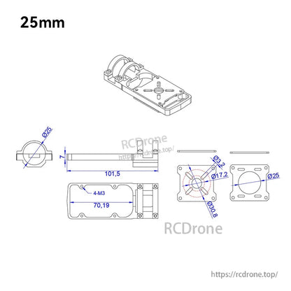 Technical drawing of 25mm carbon tube quadcopter motor mount seat with clamp and M3 hole pattern dimensions