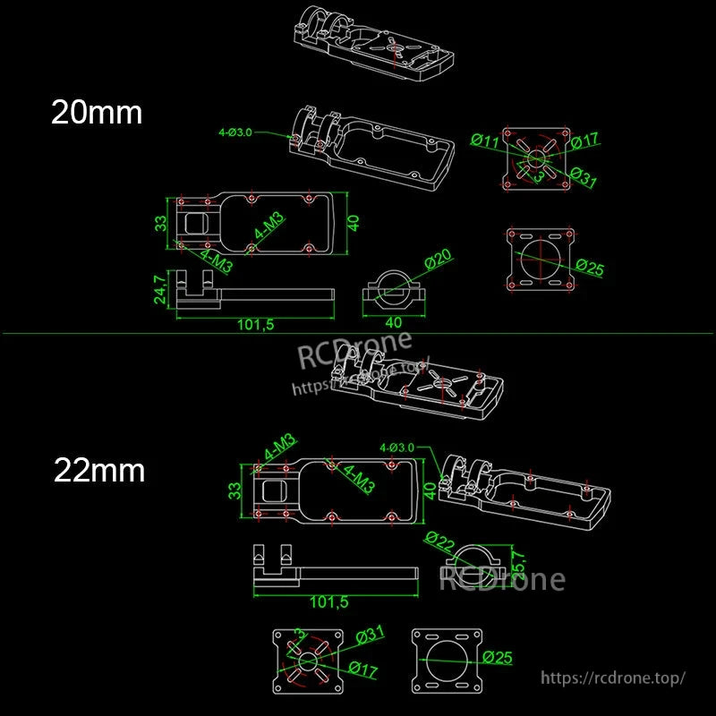 Technical drawing of RJX quadcopter motor mount seat for 20mm and 22mm ID carbon tube, with M3 hole spacing