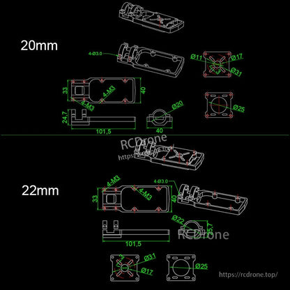 Technical drawing of RJX quadcopter motor mount seat for 20mm and 22mm ID carbon tube, with M3 hole spacing