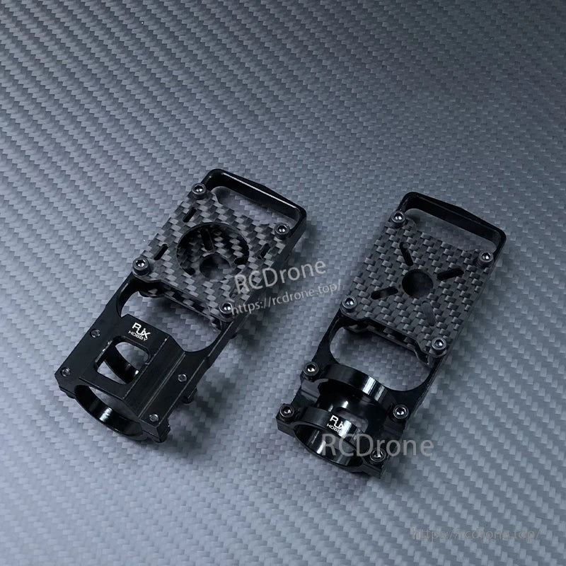 RJX aluminum and carbon fiber motor mount seats for 20–25 mm carbon tube quadcopter frames, top and bottom view
