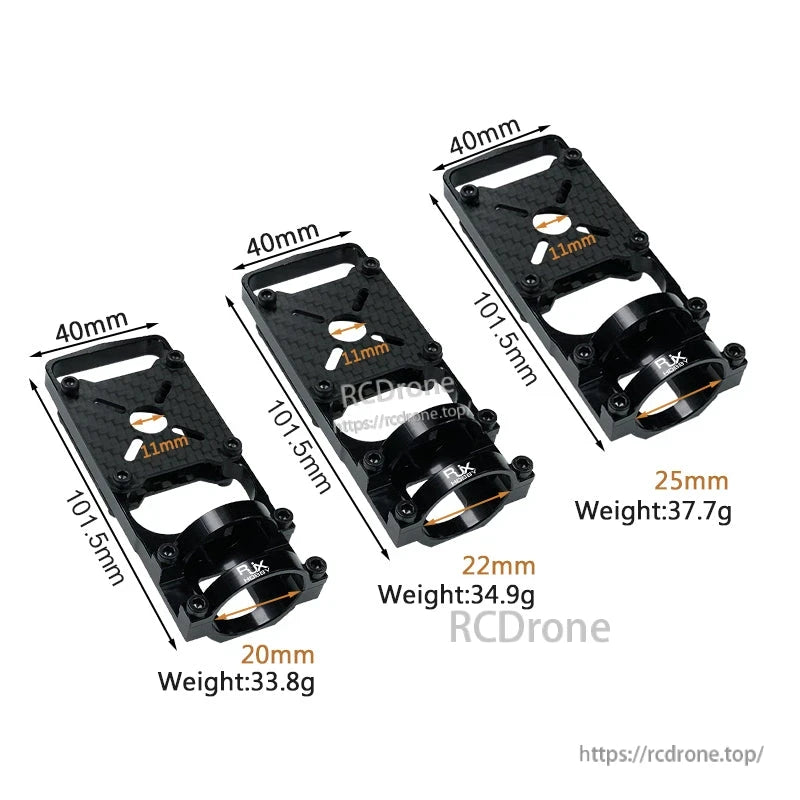 RJX aluminum and carbon fiber motor mounts for 20mm, 22mm, and 25mm carbon tubes with dimensions and weights labeled
