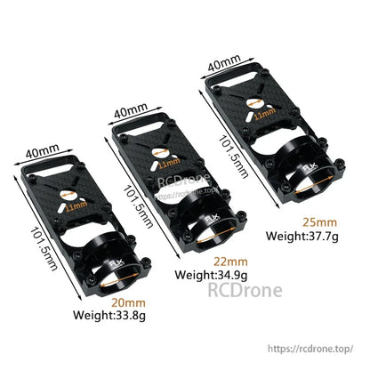 RJX aluminum and carbon fiber motor mounts for 20mm, 22mm, and 25mm carbon tubes with dimensions and weights labeled