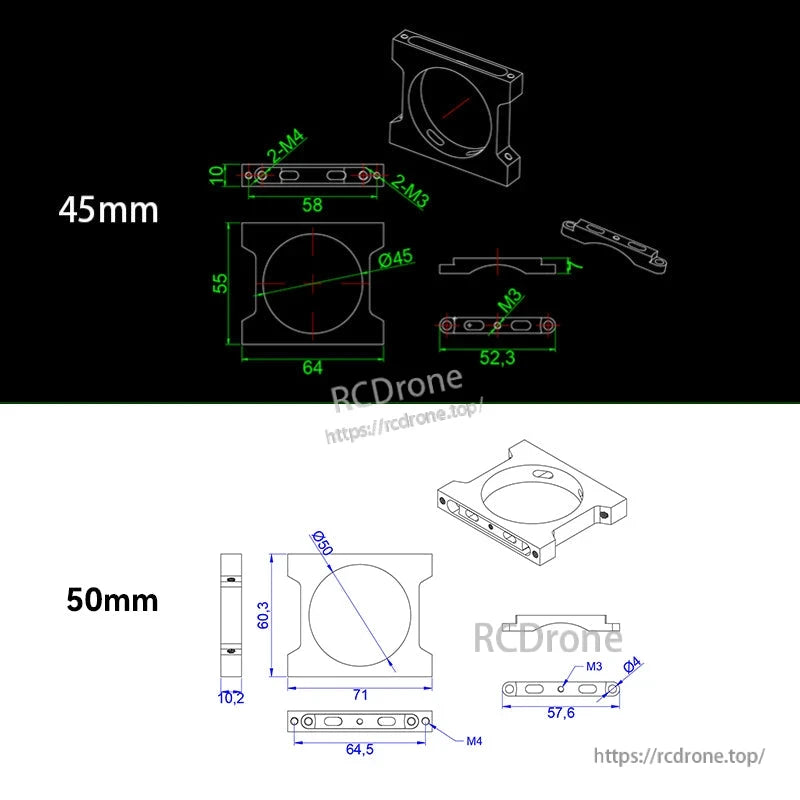 RJX 1pcs Aluminum Pipe Clamp, Technical drawing of RJX aluminum pipe clamp with 45mm and 50mm diameter options and detailed dimensions