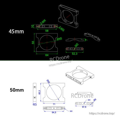 RJX 1pcs Aluminum Pipe Clamp, Technical drawing of RJX aluminum pipe clamp with 45mm and 50mm diameter options and detailed dimensions
