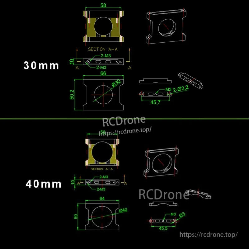 RJX 1pcs Aluminum Pipe Clamp, Dimension drawing of RJX aluminum pipe clamp with 30mm and 40mm bore options and M3 mounting holes