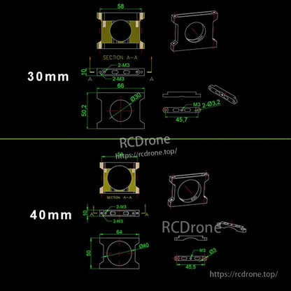 RJX 1pcs Aluminum Pipe Clamp, Dimension drawing of RJX aluminum pipe clamp with 30mm and 40mm bore options and M3 mounting holes