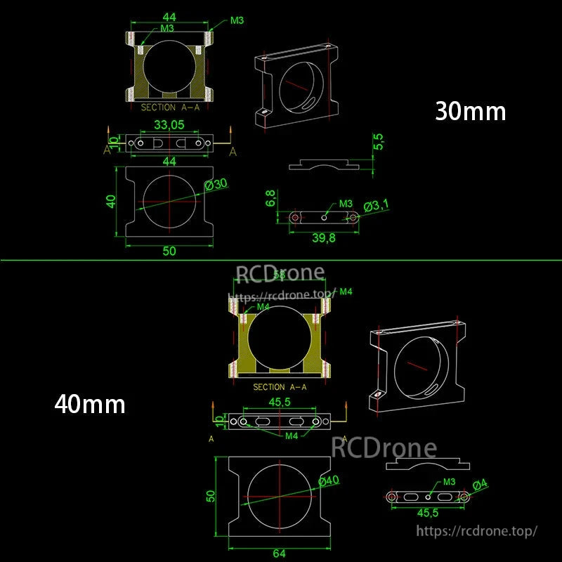 RJX 1pcs Aluminum Pipe Clamp, Technical dimension drawing of aluminum pipe clamp blocks for 30mm and 40mm tubes with M3/M4 mounting holes