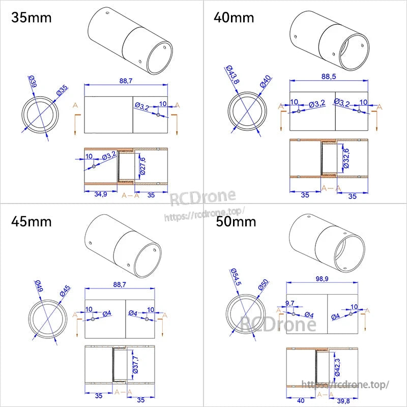 RJX 1pcs Aluminum Pipe Connector, Technical drawing of RJX aluminum pipe connector sleeve with dimensions for 35mm, 40mm, 45mm and 50mm tubes