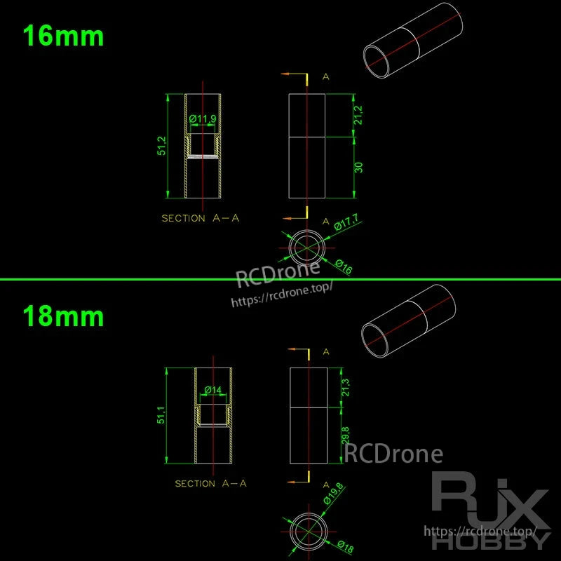 RJX 1pcs Aluminum Pipe Connector, Dimension drawing of RJX aluminum pipe connector sleeves for 16mm and 18mm tubes with key measurements