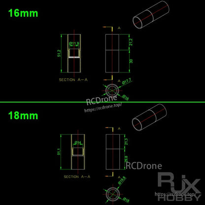 RJX 1pcs Aluminum Pipe Connector, Dimension drawing of RJX aluminum pipe connector sleeves for 16mm and 18mm tubes with key measurements
