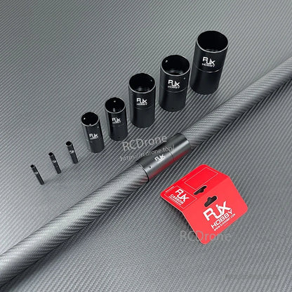RJX 1pcs Aluminum Pipe Connector, RJX Hobby black aluminum pipe connector sleeves in various sizes with carbon fiber tube and packaging