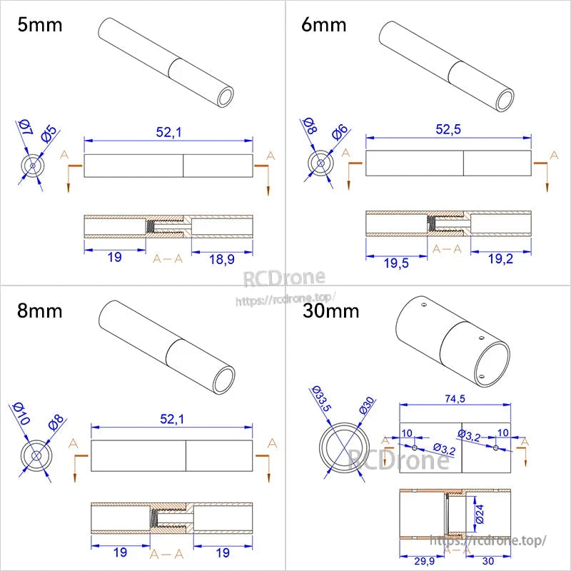 RJX 1pcs Aluminum Pipe Connector, RJX aluminum pipe connector dimension drawings for 5mm, 6mm, 8mm and 30mm tube sizes