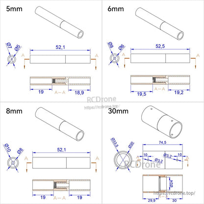 RJX 1pcs Aluminum Pipe Connector, RJX aluminum pipe connector dimension drawings for 5mm, 6mm, 8mm and 30mm tube sizes