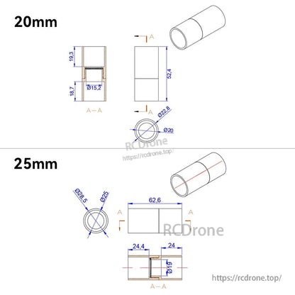 RJX 1pcs Aluminum Pipe Connector, Technical drawing of RJX aluminum pipe connector, 20mm and 25mm sizes with length and inner/outer diameter dimensions.