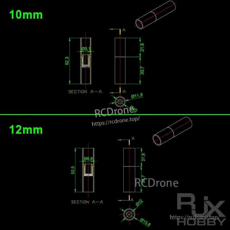 RJX 1pcs Aluminum Pipe Connector, Technical dimension drawing of RJX aluminum pipe connector for 10mm and 12mm tubes with key diameters and lengths