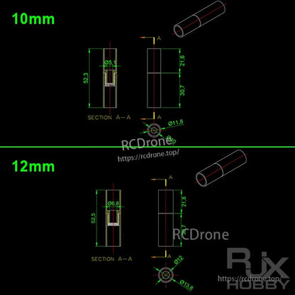 RJX 1pcs Aluminum Pipe Connector, Technical dimension drawing of RJX aluminum pipe connector for 10mm and 12mm tubes with key diameters and lengths