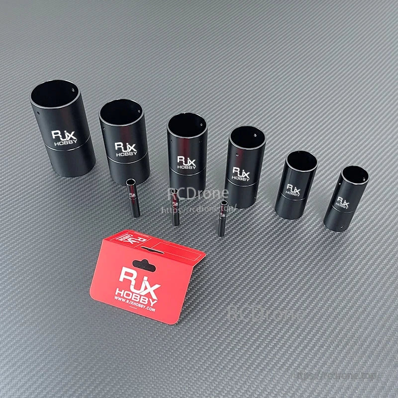 RJX 1pcs Aluminum Pipe Connector, RJX Hobby black aluminum pipe connector sleeves with locking pins and RJX packaging on carbon-fiber surface