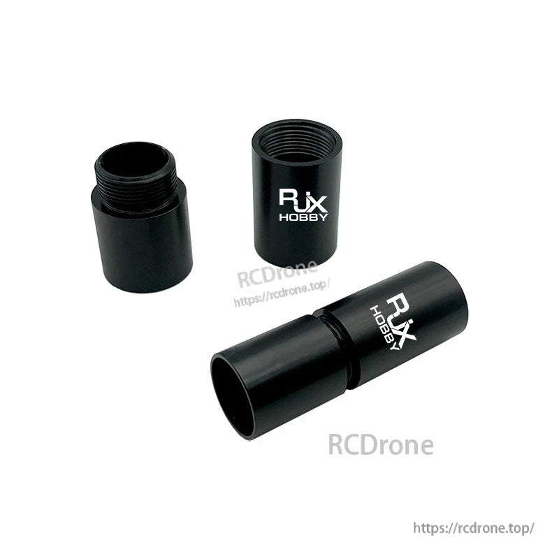 RJX 1pcs Aluminum Pipe Connector, RJX Hobby black aluminum pipe connector sleeve with threaded ends, shown assembled and as two separate pieces