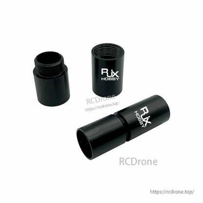 RJX 1pcs Aluminum Pipe Connector, RJX Hobby black aluminum pipe connector sleeve with threaded ends, shown assembled and as two separate pieces