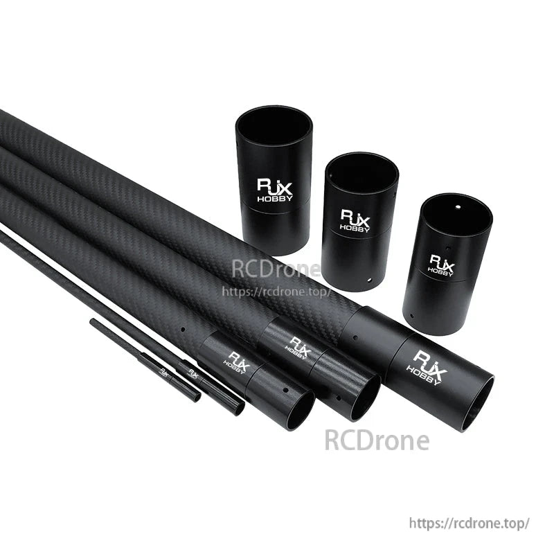 RJX 1pcs Aluminum Pipe Connector, RJX Hobby black aluminum pipe connector sleeves with carbon fiber tubes and small rods on a white background
