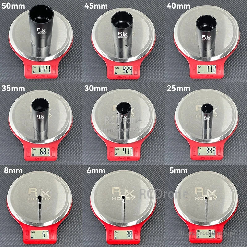 RJX 1pcs Aluminum Pipe Connector, RJX Hobby aluminum pipe connector sizes on a scale, showing weights for 50mm to 5mm diameters