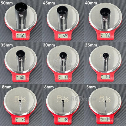 RJX 1pcs Aluminum Pipe Connector, RJX Hobby aluminum pipe connector sizes on a scale, showing weights for 50mm to 5mm diameters