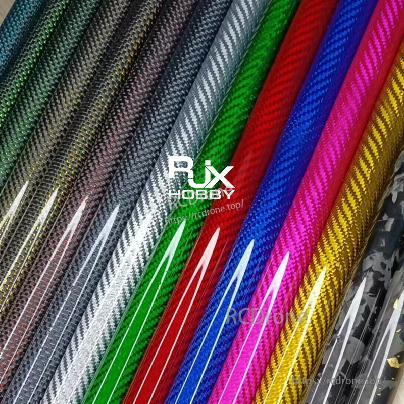 RJX 1pcs Colorful 3K Carbon Fiber Tube, Assorted RJX 3K carbon fiber tubes with colorful woven finishes, including black, silver, green, red, blue, pink, and gold