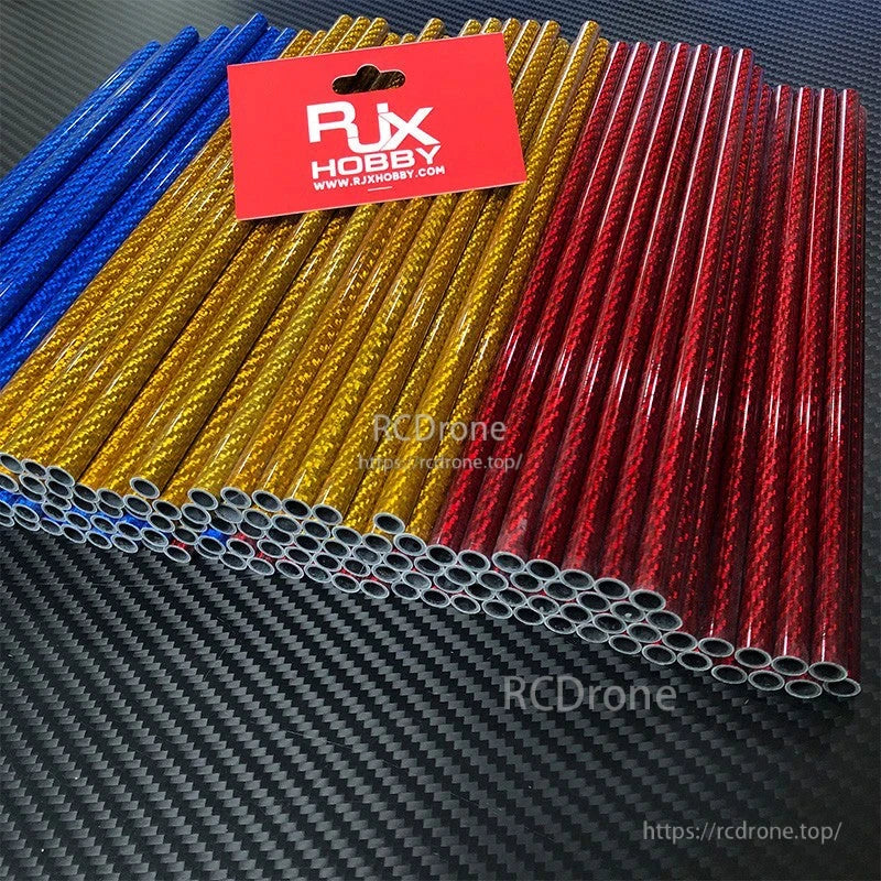 RJX 1pcs Colorful 3K Carbon Fiber Tube, Assorted red, gold, and blue glossy carbon fiber tubes bundled together on a carbon fiber background.