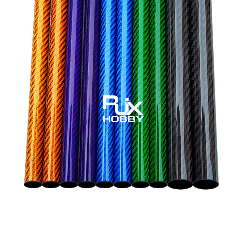 RJX 1pcs Colorful 3K Carbon Fiber Tube, Assorted RJX 3K carbon fiber tubes in multiple colors with woven finish, hollow round tubing ends