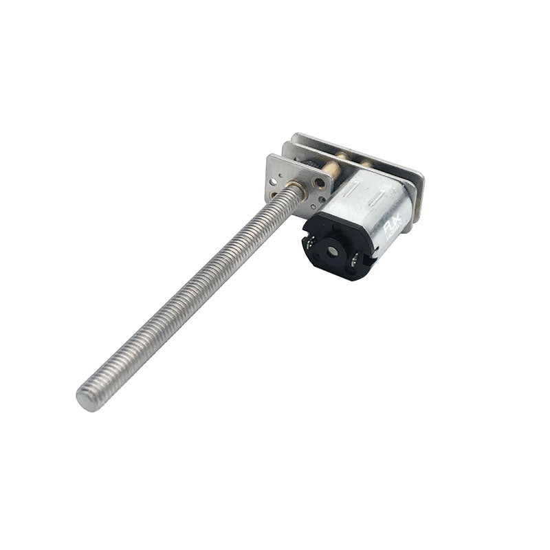 RJX N20 micro DC gear motor with metal gearbox, mounting bracket, and long threaded lead screw shaft