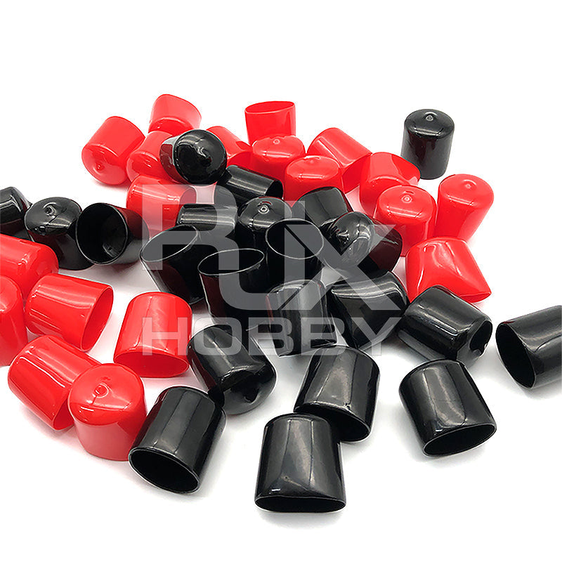 Assorted red and black rubber end caps for carbon fiber tubes, tapered plug-style covers in multiple sizes