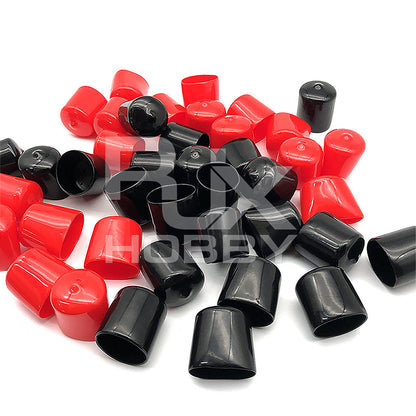 Assorted red and black rubber end caps for carbon fiber tubes, tapered plug-style covers in multiple sizes
