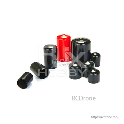 Assorted rubber end caps for carbon fiber tubes, mixed sizes in black with one red cap