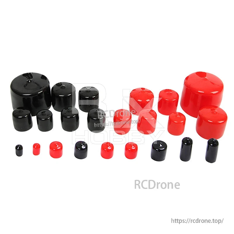 Assorted red and black rubber end caps in multiple sizes for carbon fiber tube ends (8–30mm ID)