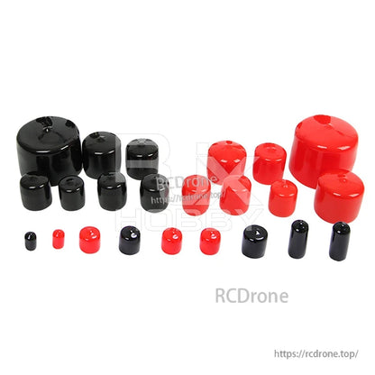 Assorted red and black rubber end caps in multiple sizes for carbon fiber tube ends (8–30mm ID)