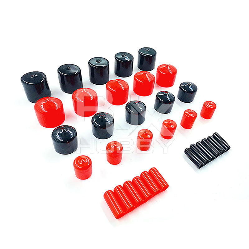 Assorted RJX rubber end caps in red and black, multiple sizes for carbon fiber tube ends