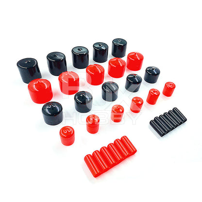 Assorted RJX rubber end caps in red and black, multiple sizes for carbon fiber tube ends