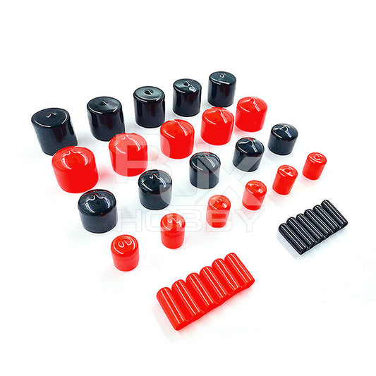 Assorted RJX rubber end caps in red and black, multiple sizes for carbon fiber tube ends