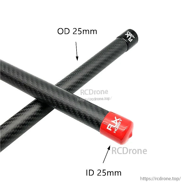 Rubber end cap fitted on carbon fiber tube, labeled ID 25mm for OD 25mm tube
