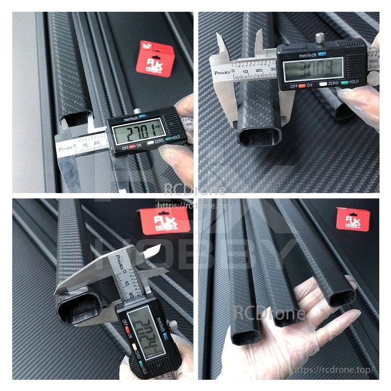 RJX 20x30mm Carbon Fiber Octagonal Tube, RJX carbon fiber octagonal tube with woven finish, end profile and caliper measurements for 20x30mm sizing