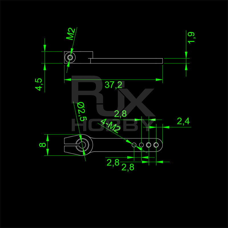 Dimensioned diagram of RJX metal micro servo arm/horn for GDW 296, 37.2 mm length with M2/M3 holes