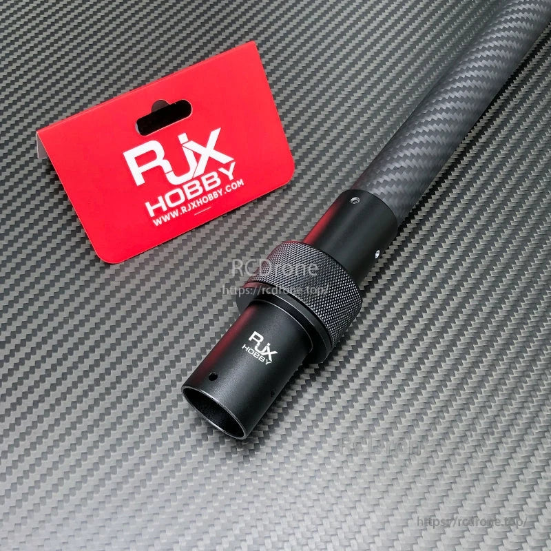 RJX Hobby 25mm black aluminum pipe connector clamp fitted on a carbon tube joint with knurled locking ring