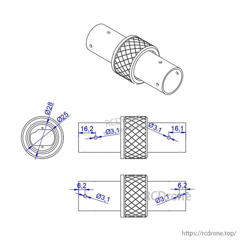 Technical drawing of a 25mm aluminum tube connector with knurled center, Ø28/Ø25 sizes and Ø3.1 holes