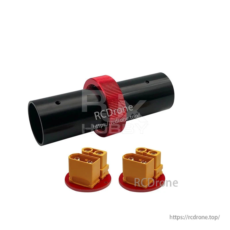 RJX 25mm CNC quick release plug connector with black tube, red knurled collar, and XT60-style plugs